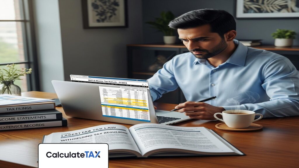 Pakistani tax consultant reviewing WHT Advance Tax Pakistan on a laptop in a modern office.