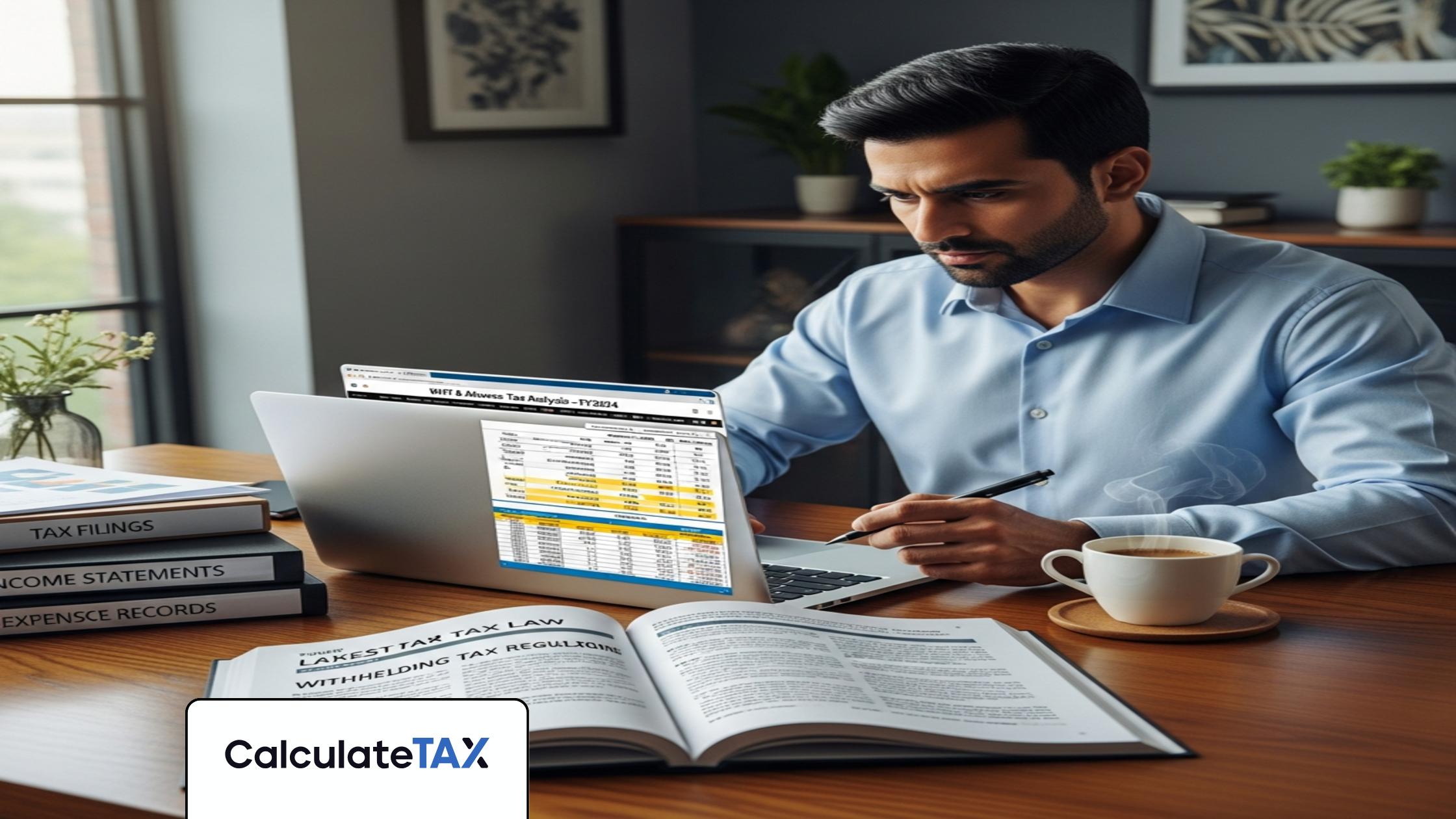 Pakistani tax consultant reviewing WHT Advance Tax Pakistan on a laptop in a modern office.