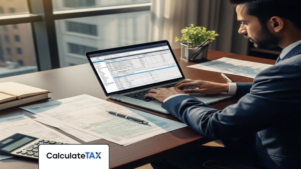 Pakistani financial professional calculating income tax Pakistan on laptop with financial documents.