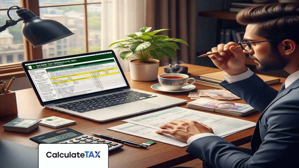 Pakistani professional analyzing Income Tax Pakistan on laptop with tax forms on modern desk.