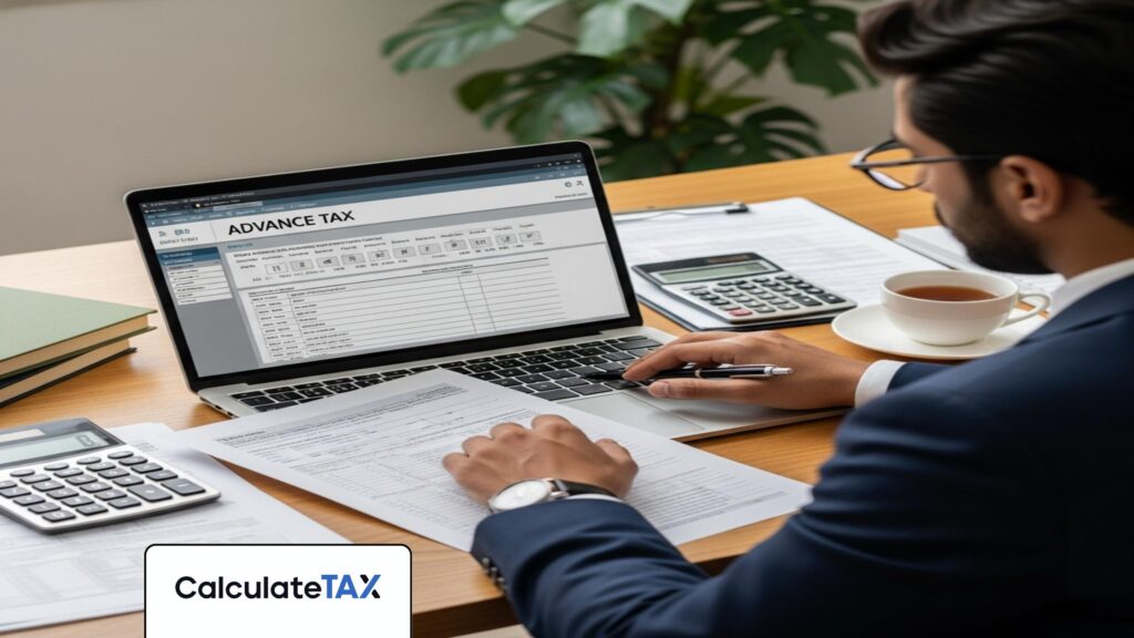 Pakistani professional calculating advance tax pakistan on a laptop in a modern office.