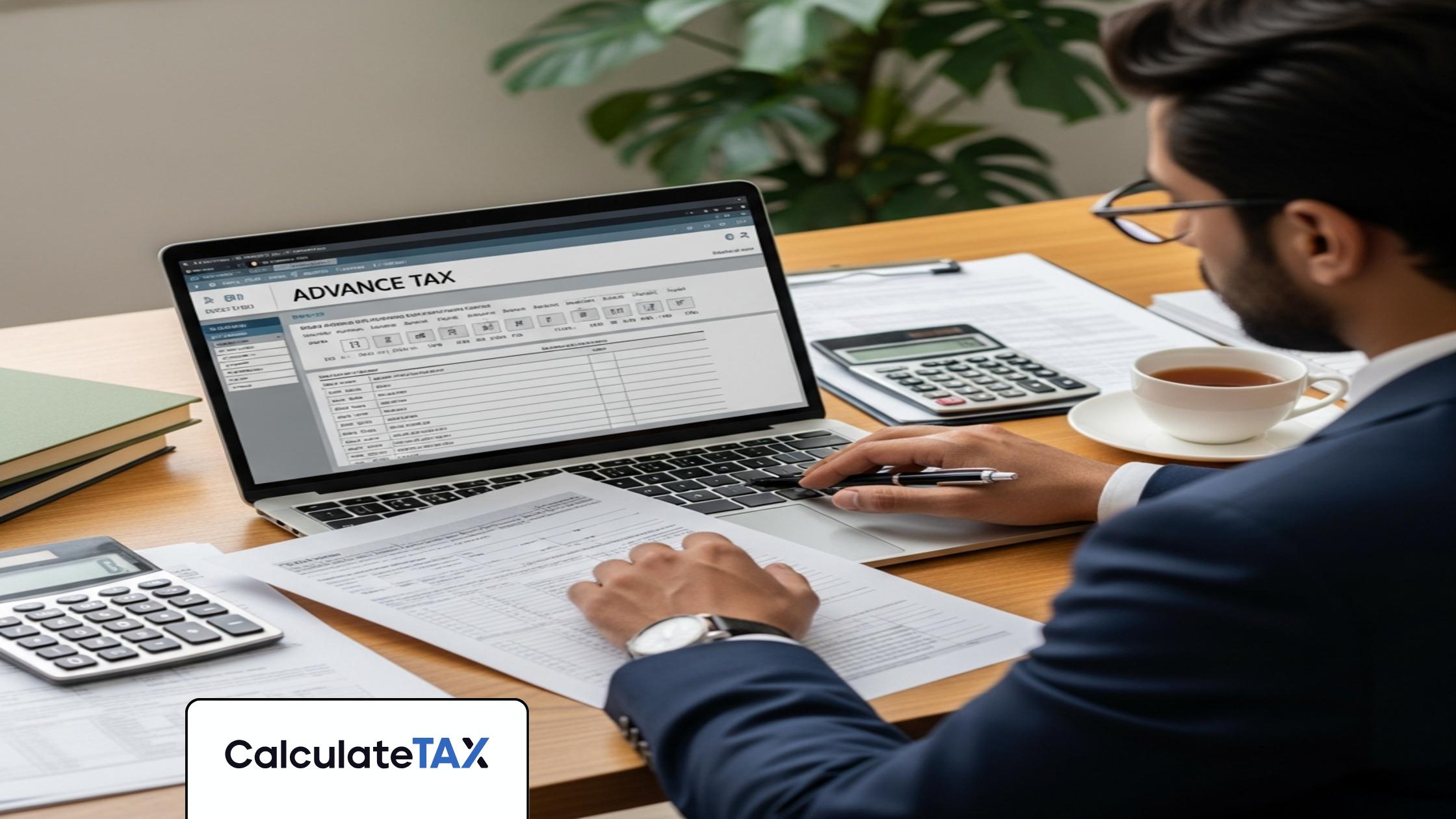 Pakistani professional calculating advance tax pakistan on a laptop in a modern office.