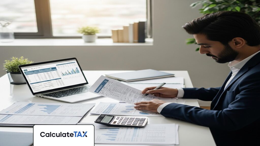 Pakistani professional planning Advance Tax Installments Pakistan using laptop in a modern office.