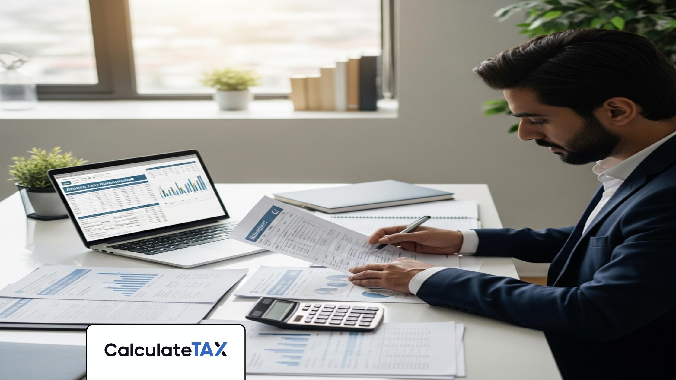 Pakistani professional planning Advance Tax Installments Pakistan using laptop in a modern office.