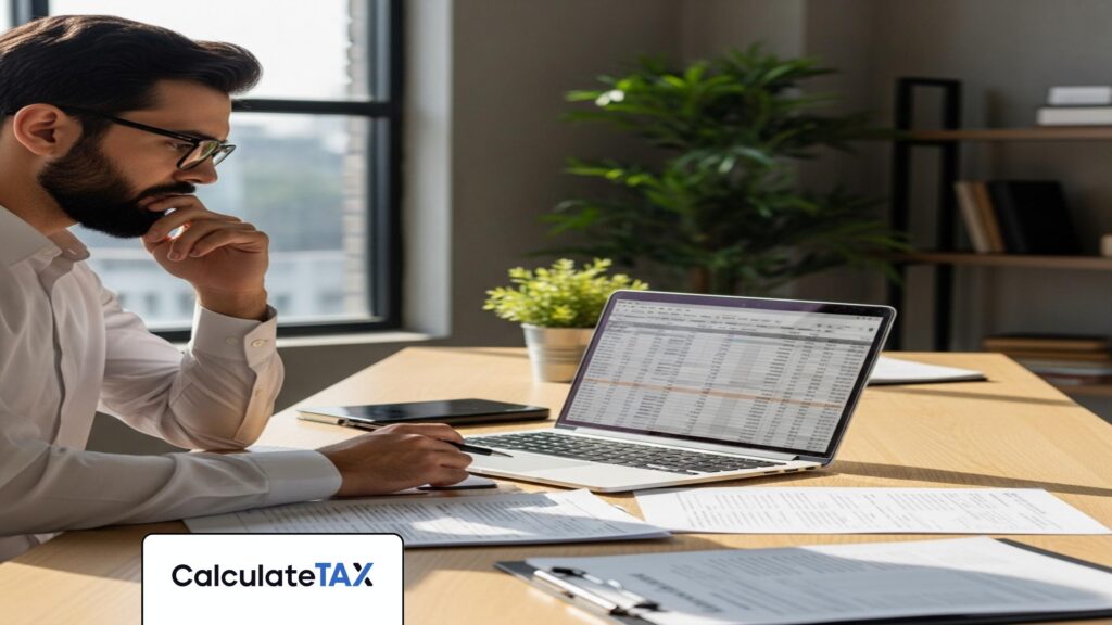 Pakistani professional calculating income tax Pakistan using a laptop in a modern office setting.