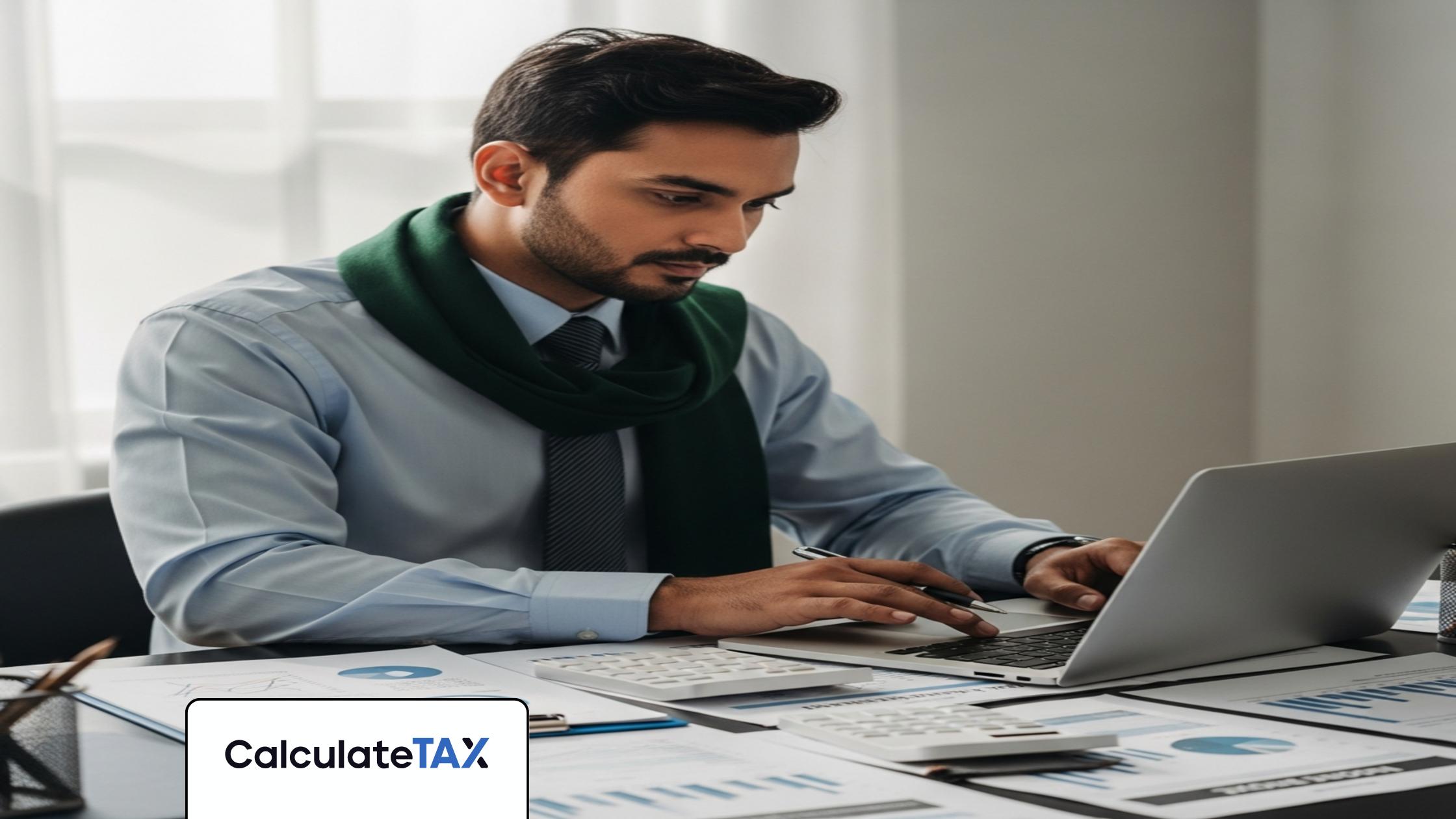 Pakistani professional using laptop to calculate income tax Pakistan in a modern office.