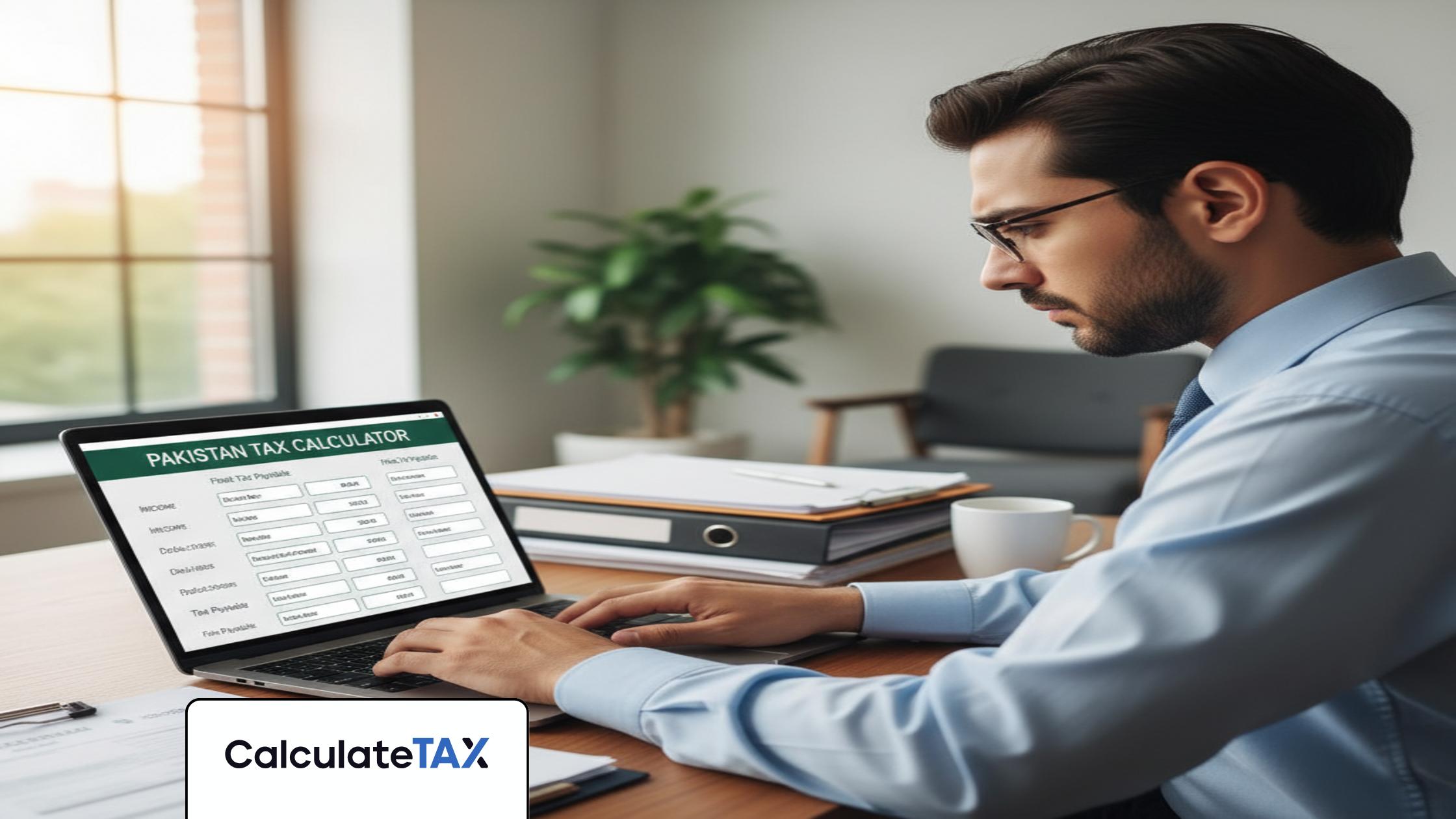 Pakistani professional utilizing a Pakistan Tax Calculator on a laptop in a modern office setting.
