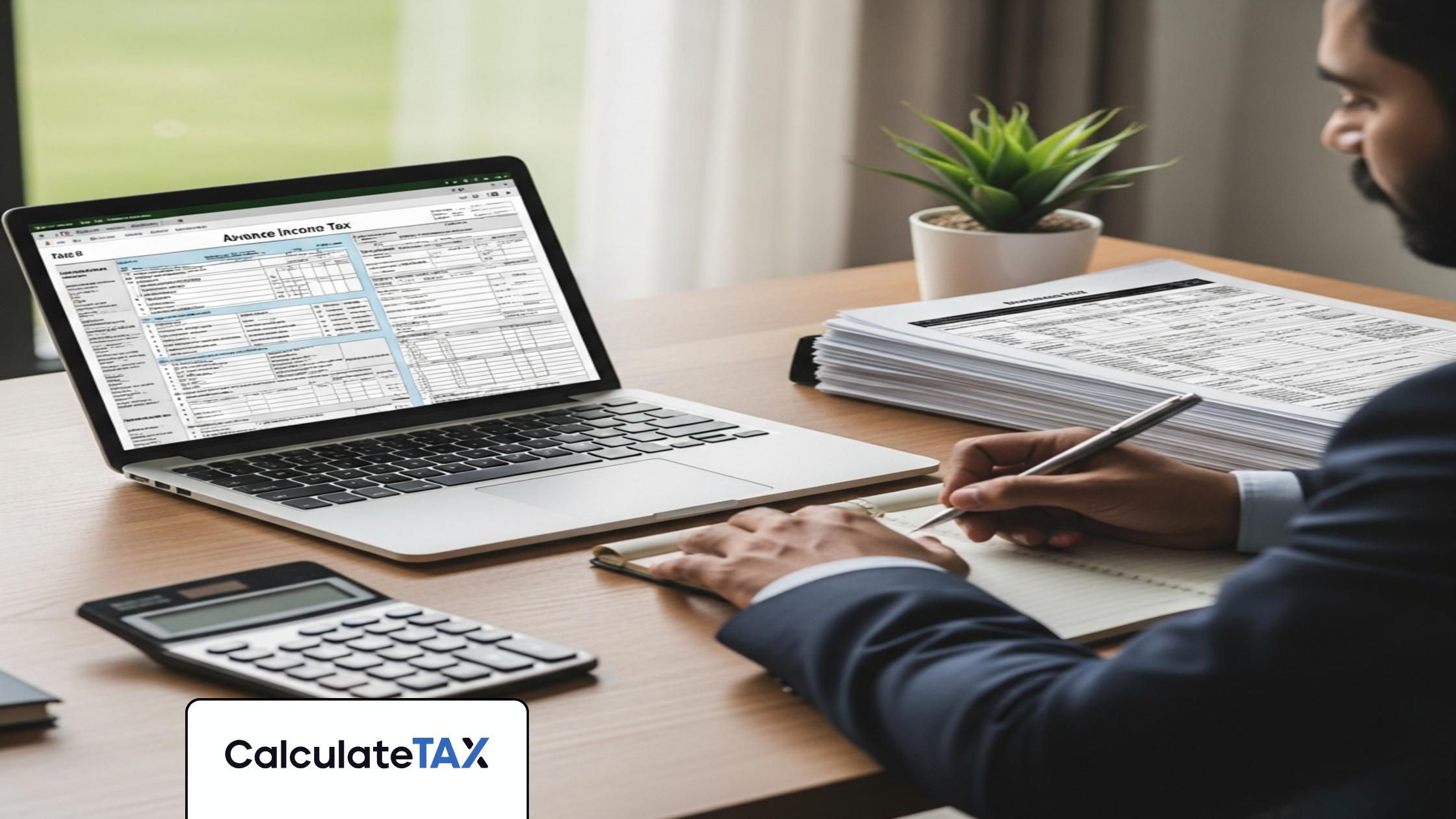 Pakistani professional calculating advance income tax pakistan on laptop with financial documents.