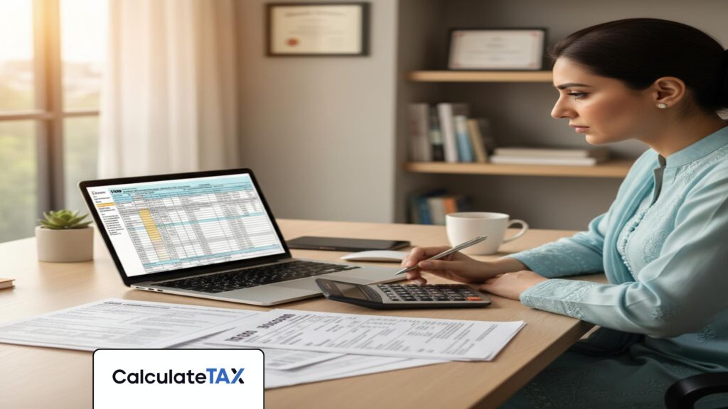 Pakistani professional performing Tax Calculations Pakistan on laptop with tax documents in office.