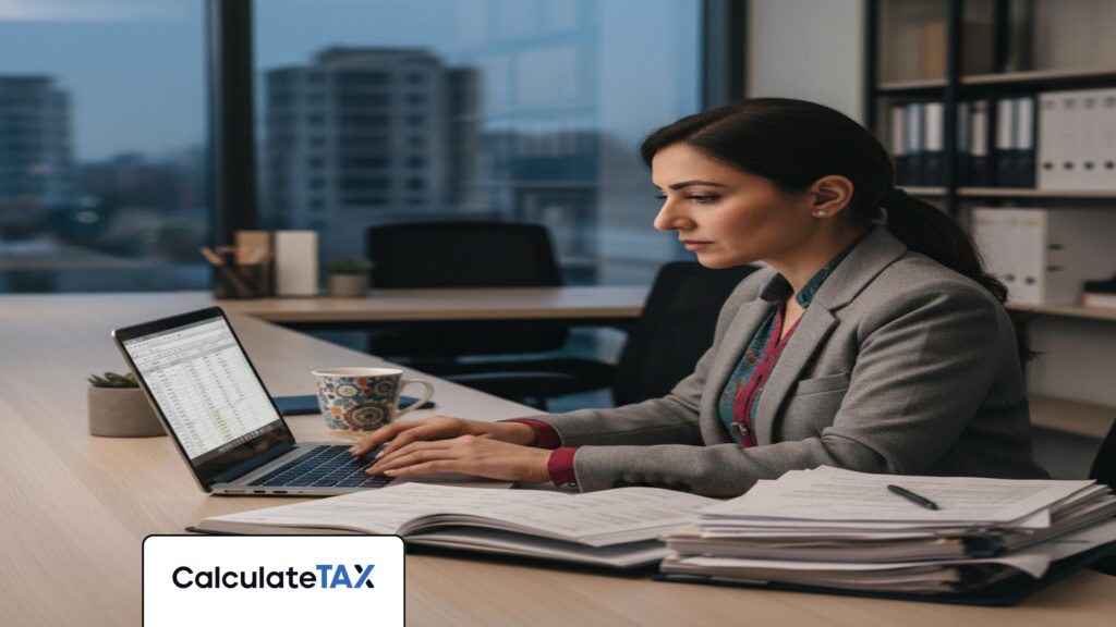 Pakistani professional calculating Advance Tax Pakistan on laptop, financial documents on modern desk.