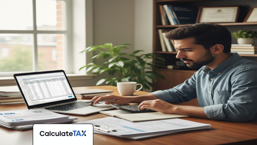 Pakistani freelancer calculating freelance income tax Pakistan on laptop in a modern home office.