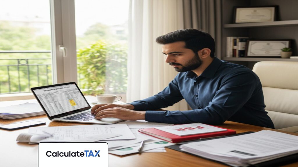 Pakistani freelancer working on Freelance Tax Pakistan on laptop in modern home office.