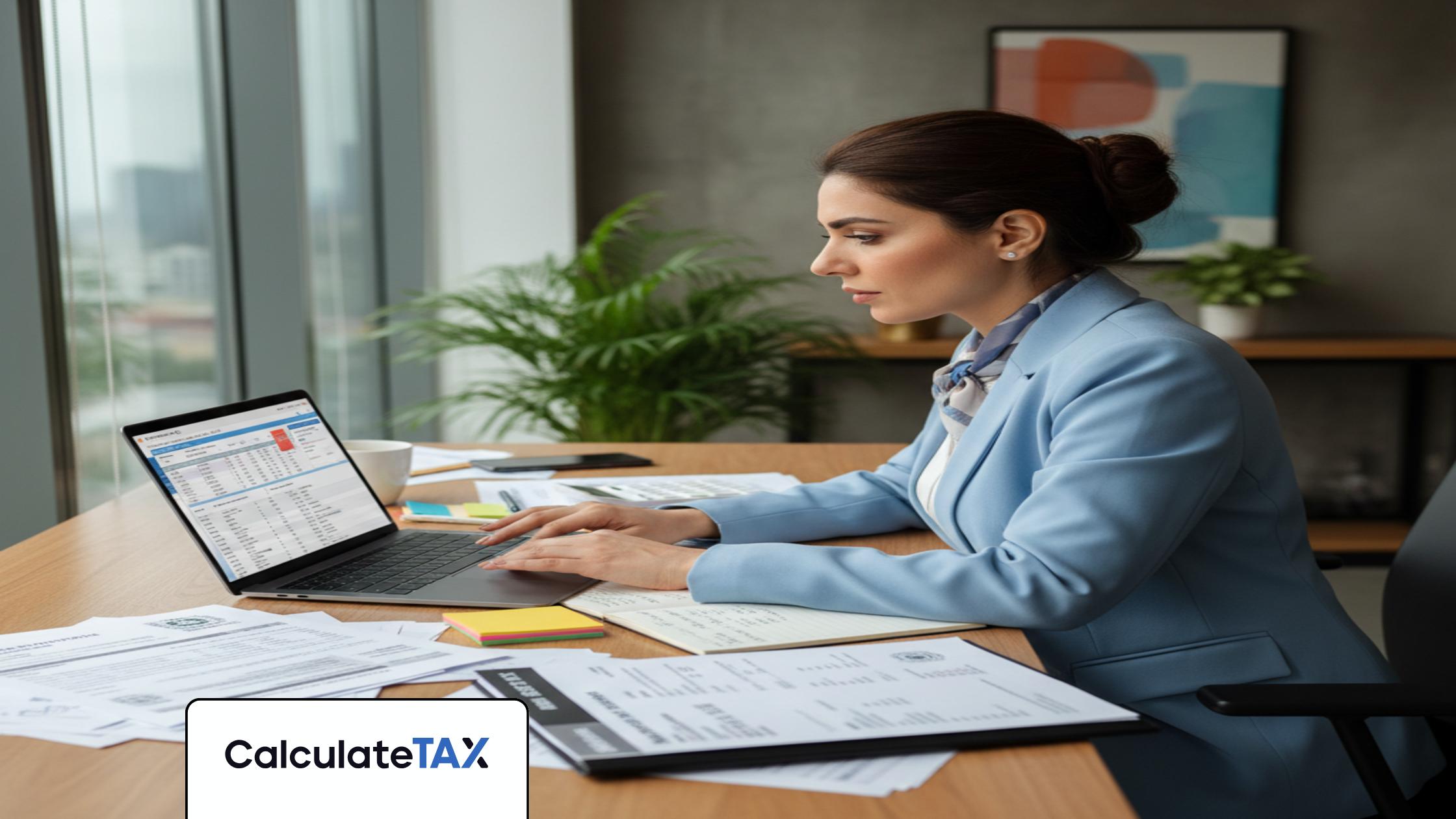 Pakistani professional calculating Advance Tax Pakistan on laptop with financial documents in modern office.