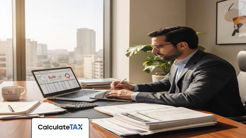 Pakistani professional calculating Advance Tax Pakistan on laptop in a modern office.