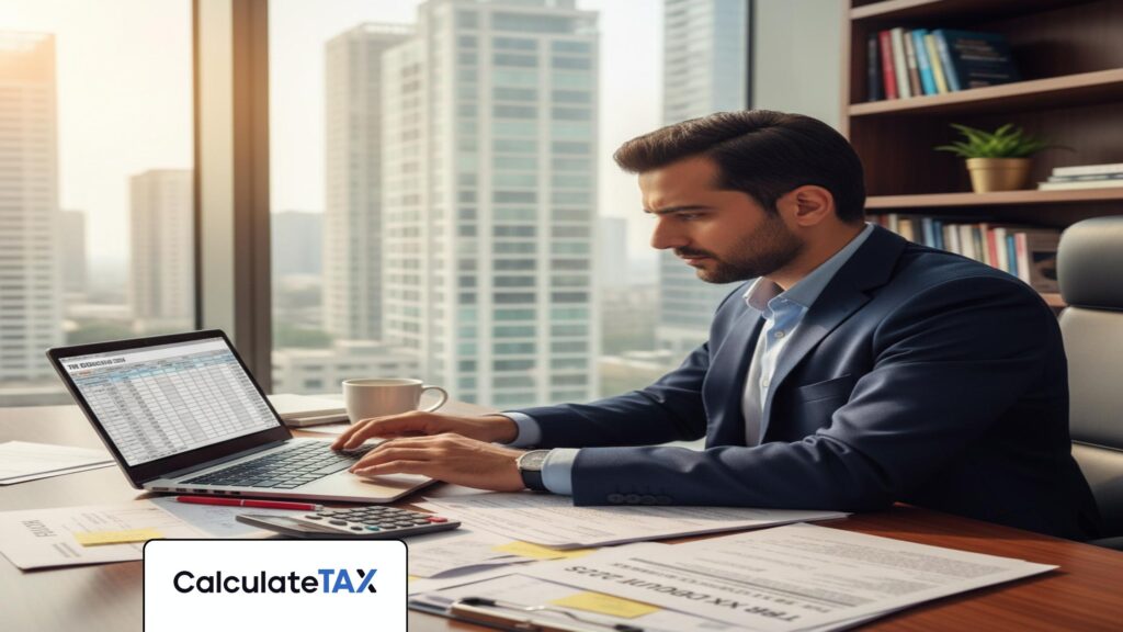 Modern office showing a professional reviewing Tax Deductions Pakistan documents on laptop.