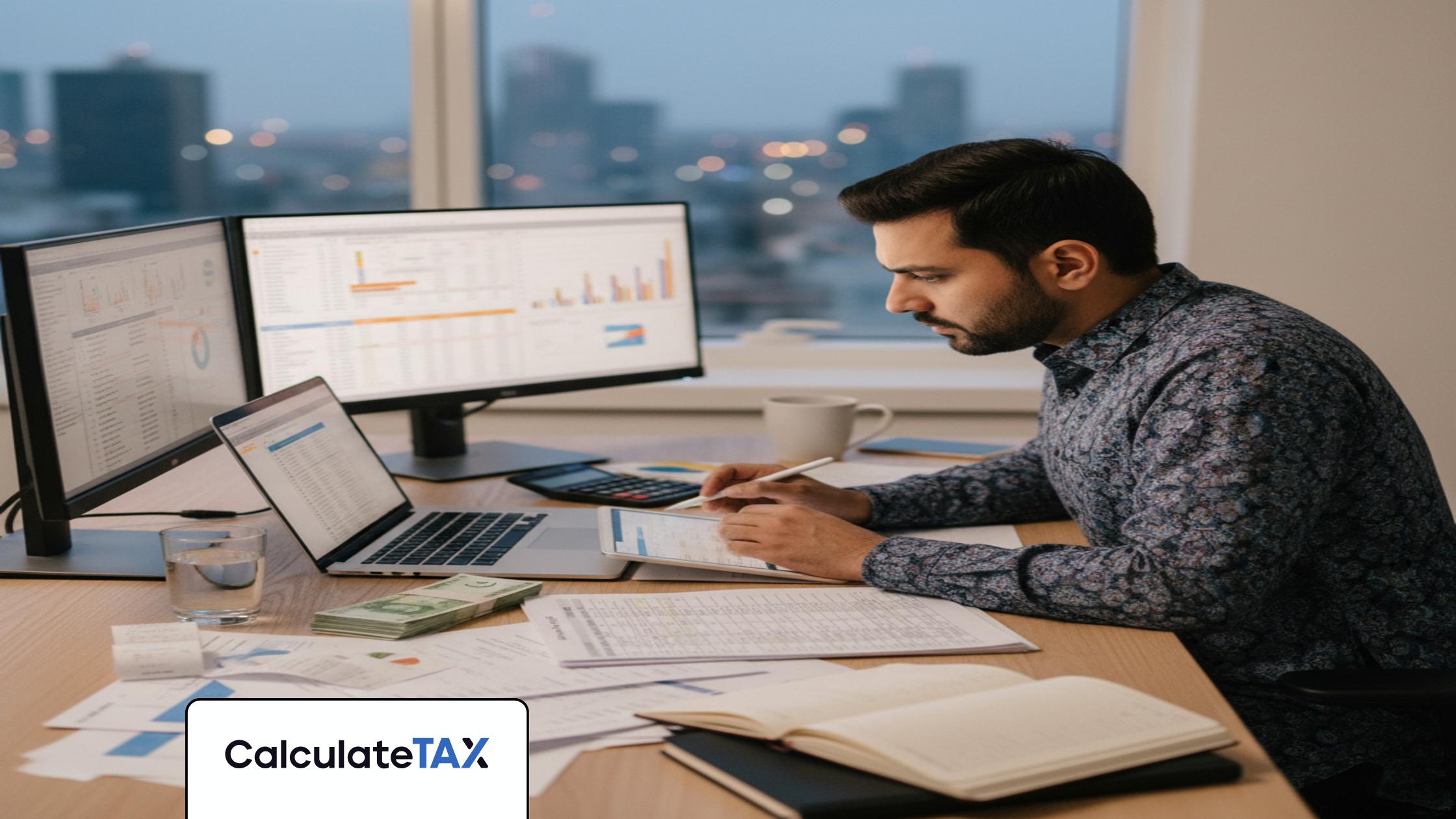 Pakistani professional calculating Advance Tax Pakistan on laptop in a modern office setting.