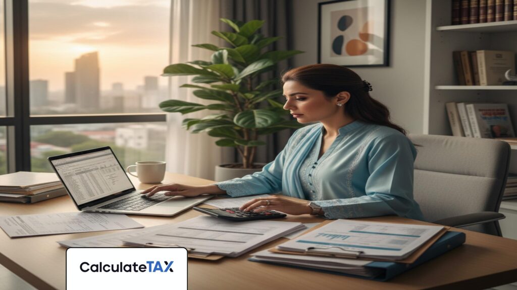 Pakistani professional calculating income tax pakistan on laptop with financial documents at office.