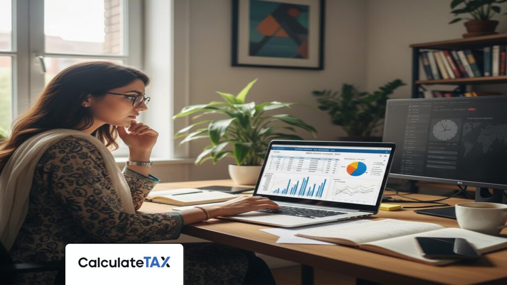 Pakistani freelancer calculating Freelancers Foreign Income Tax on laptop in a modern office.