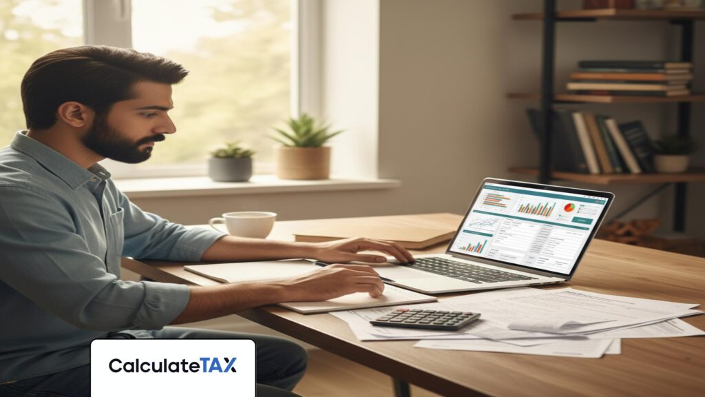 Pakistani freelancer calculating Freelance Income Tax Pakistan using a laptop in a modern workspace.
