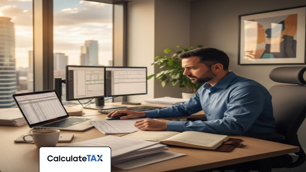 Pakistani professional reviewing mixed income tax Pakistan documents on a laptop.