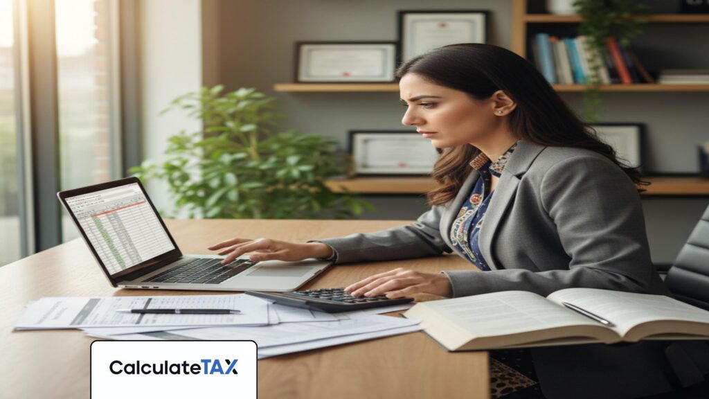 Pakistani financial professional using laptop to calculate income tax pakistan on modern office desk.