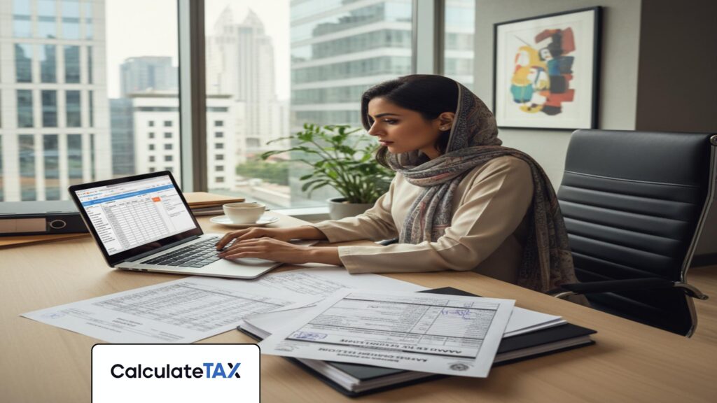 Pakistani professional calculating advance withholding tax Pakistan on a laptop in a modern office.