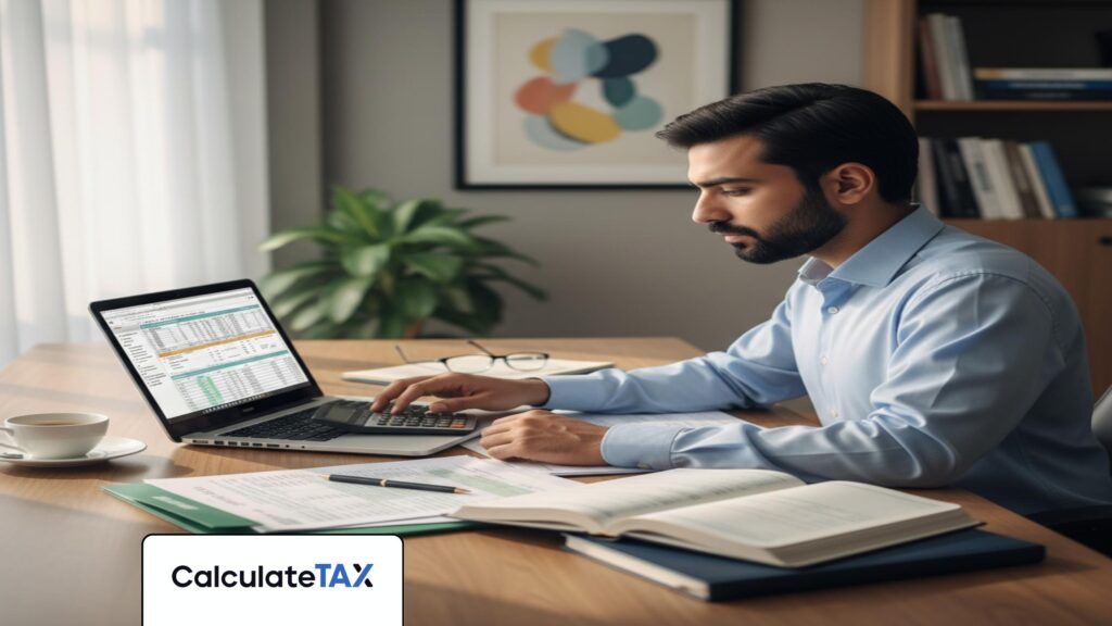 Pakistani professional performing Tax Calculation Pakistan on a laptop with financial documents.