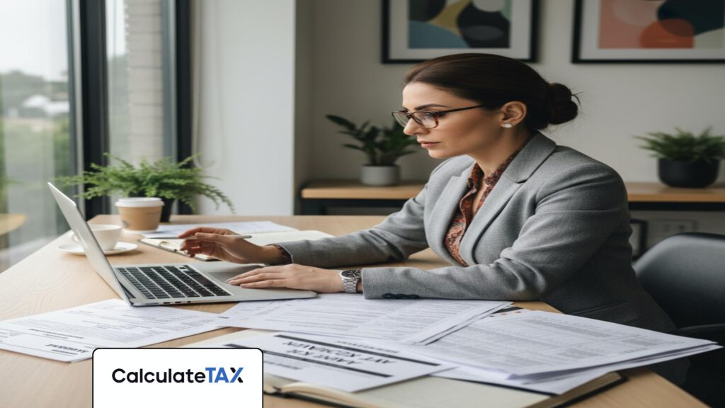 Pakistani financial advisor preparing advance tax pakistan return on laptop in a modern office.