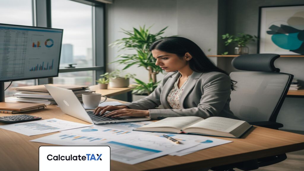 Pakistani professional reviewing financial reports related to Quarterly Tax Pakistan in a modern office.