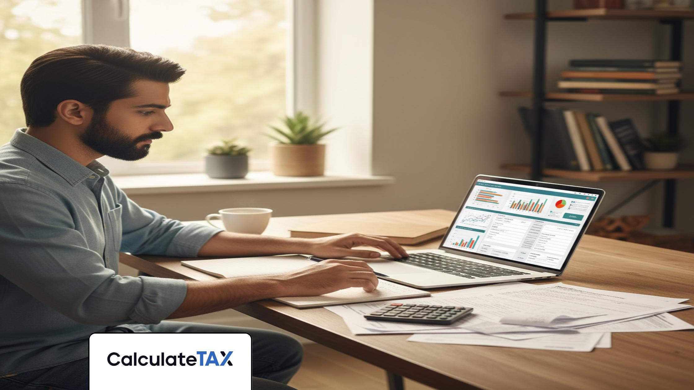 Pakistani freelancer calculating Freelance Income Tax Pakistan using a laptop in a modern workspace.