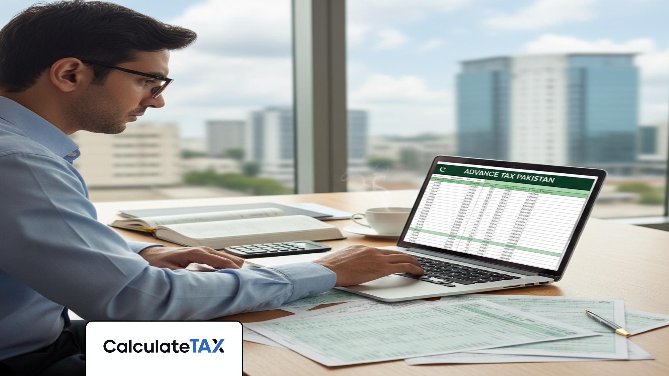 Pakistani professional calculating Advance Tax Pakistan on laptop, financial documents visible.