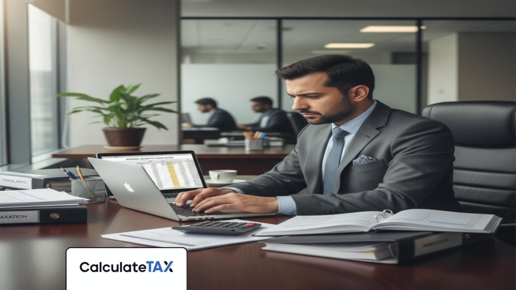 Pakistani professional calculating Advance Income Tax Pakistan in a modern office setting.