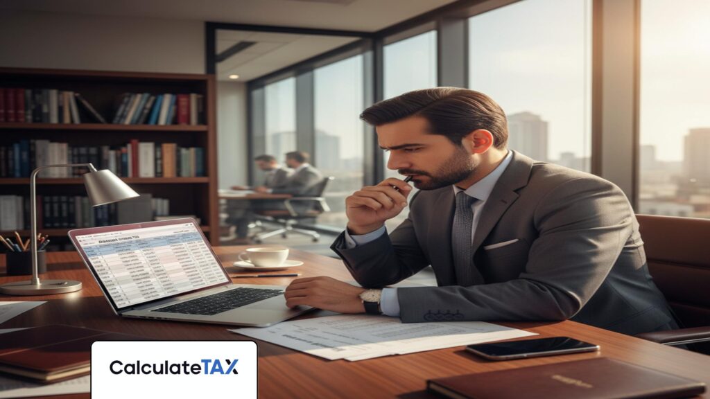 Pakistani financial professional reviewing Advance Income Tax Pakistan figures on a laptop.