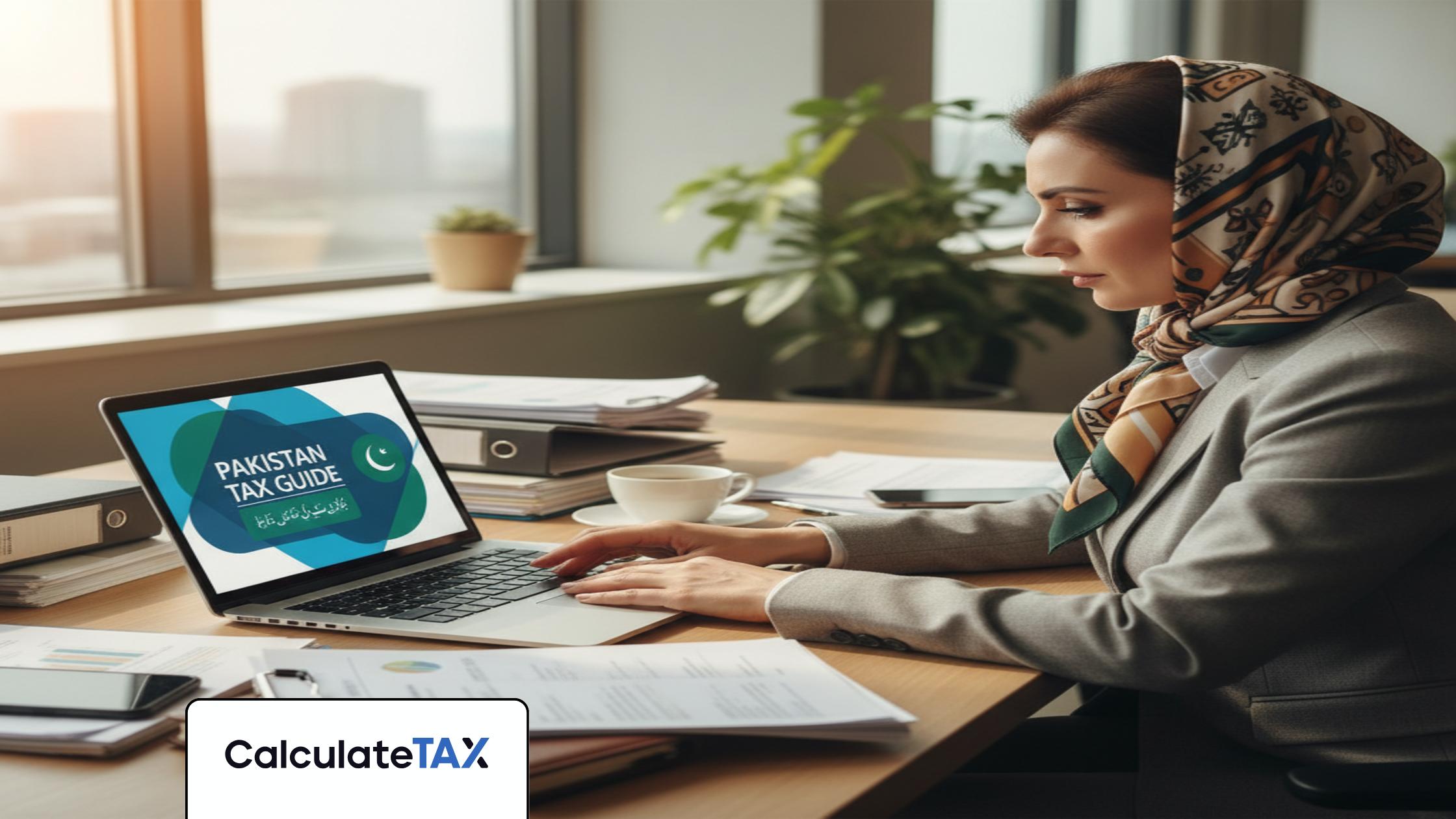 Pakistani finance professional reviewing the Pakistan Tax Guide digitally on a laptop for business users.