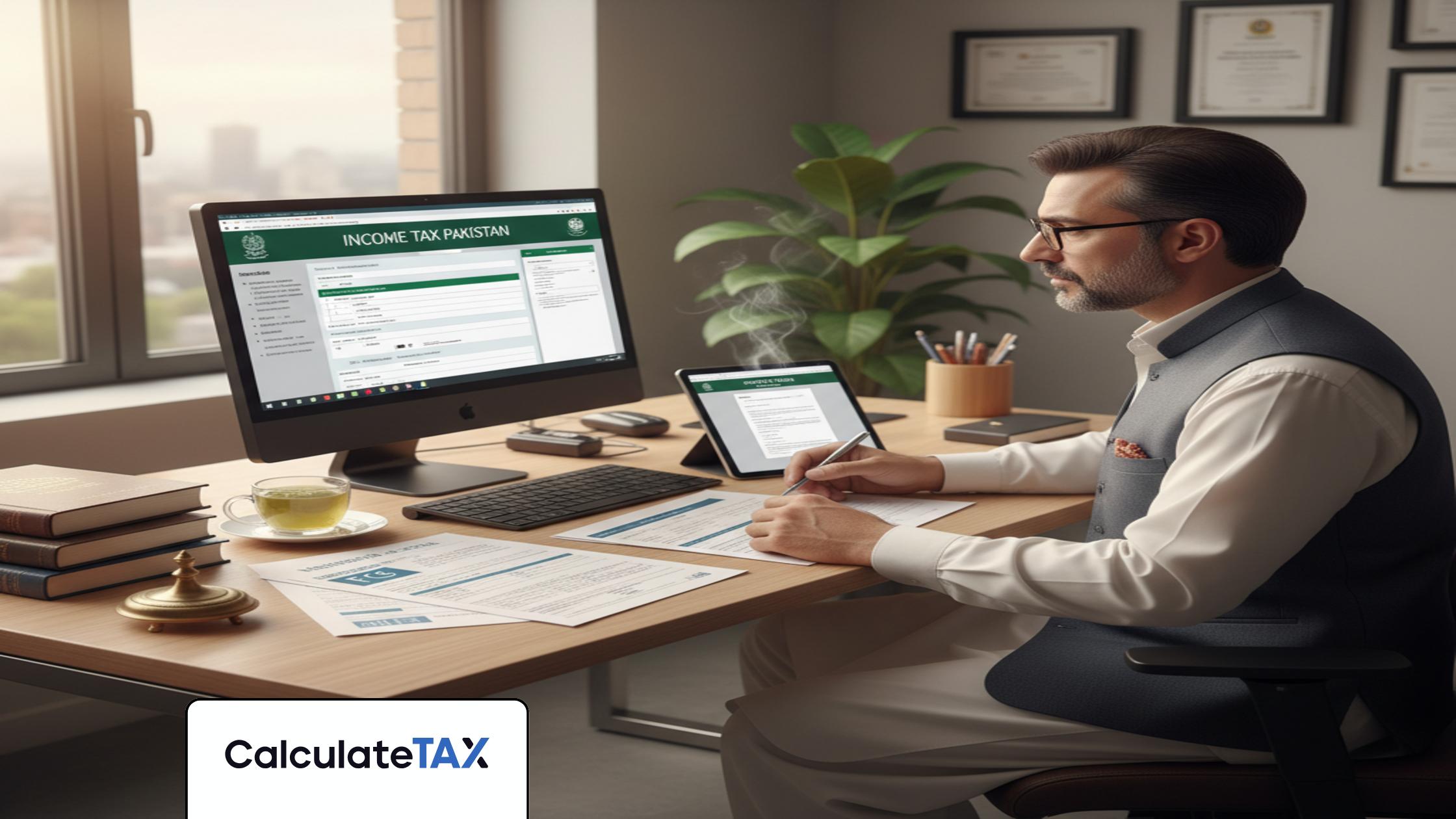 Pakistani financial expert reviewing Income Tax Pakistan forms and digital documents.