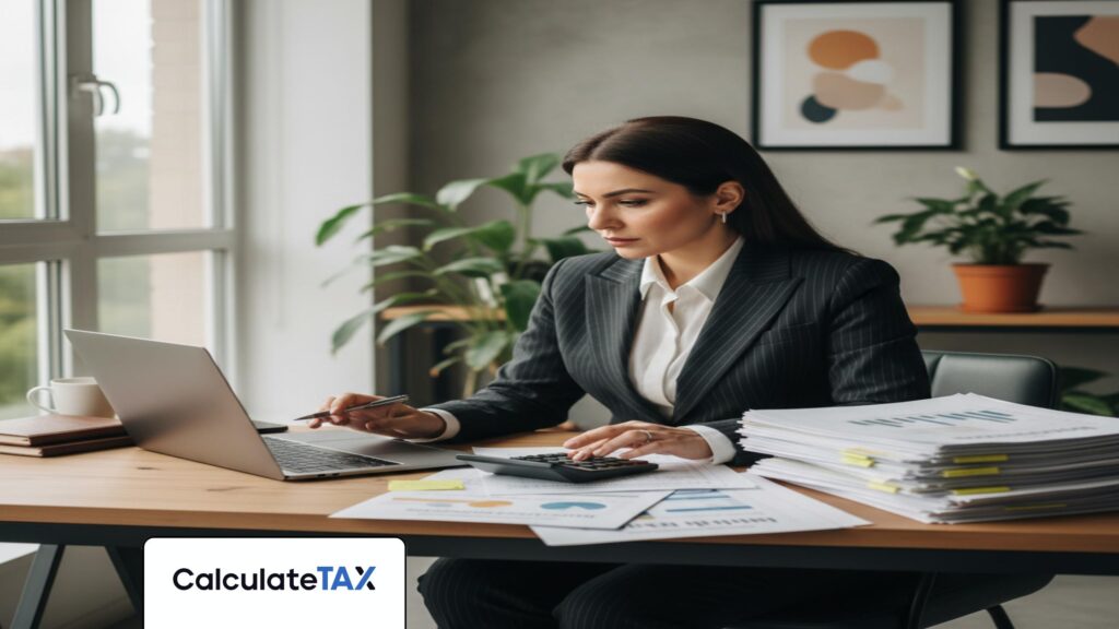 Pakistani financial professional reviewing Provisional Tax Pakistan documents on laptop at office.