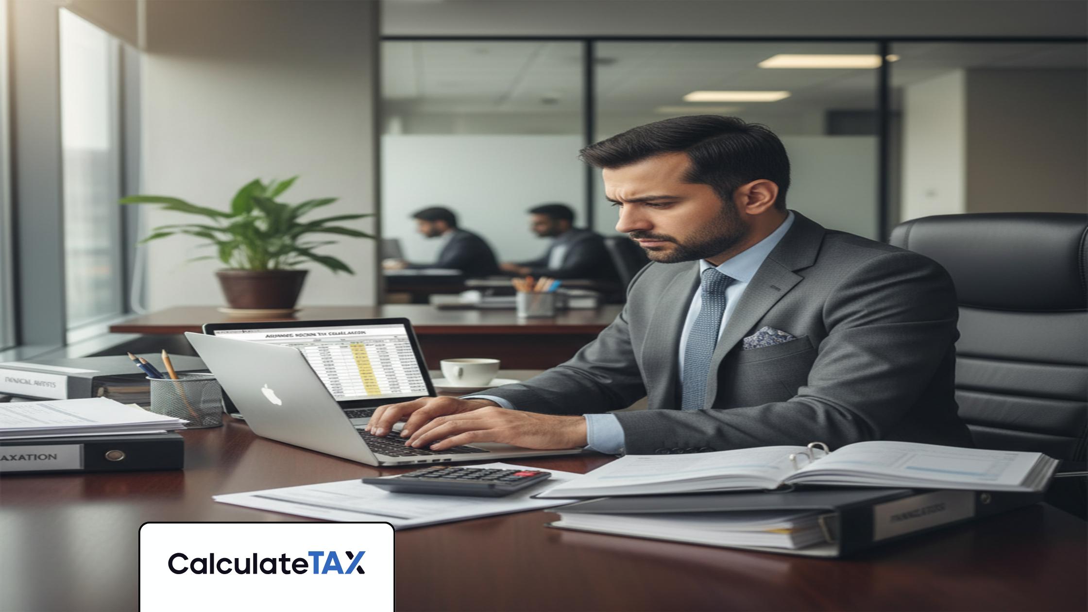 Pakistani professional calculating Advance Income Tax Pakistan in a modern office setting.