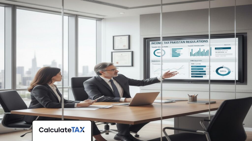 Pakistani financial advisor discussing Income tax Pakistan regulations with client in a modern office.