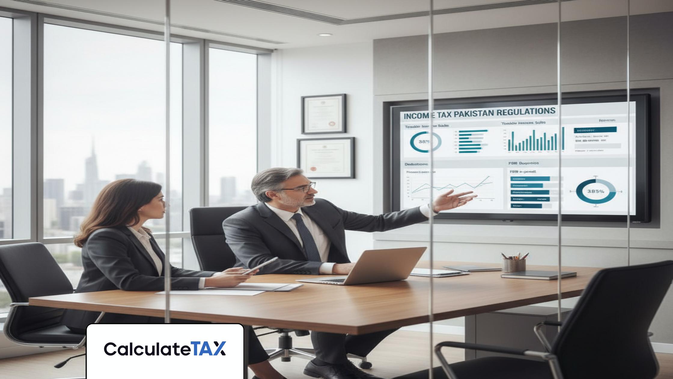 Pakistani financial advisor discussing Income tax Pakistan regulations with client in a modern office.