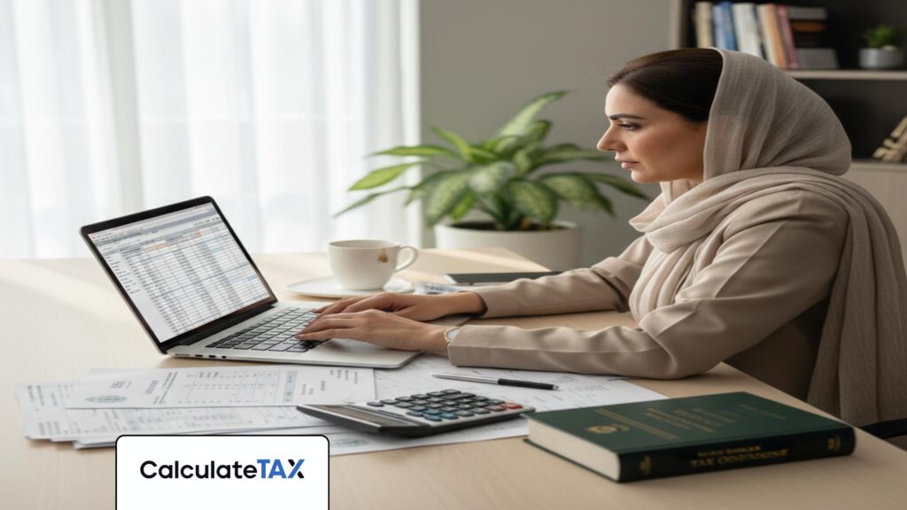 Pakistani professional calculating Salary Tax Pakistan on laptop in a modern office.