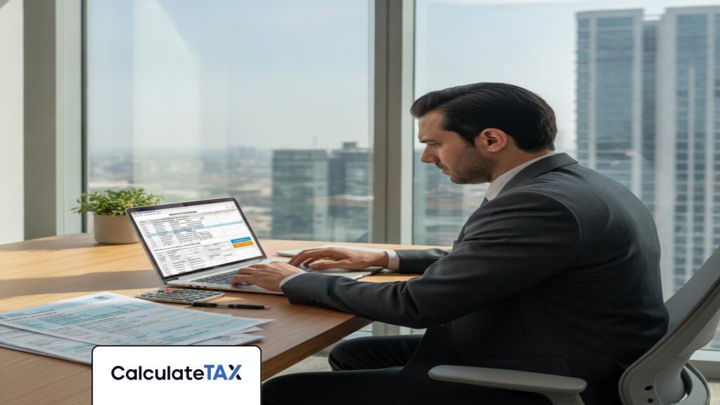 Pakistani professional using salary tax calculator pakistan on laptop in a modern office.