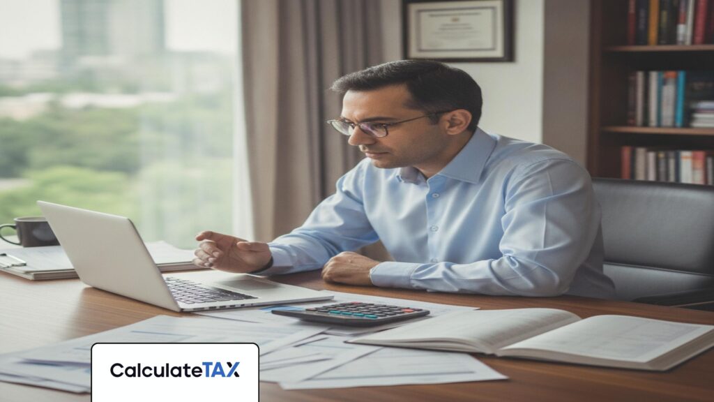 Pakistani professional calculating Advance Income Tax Pakistan on a laptop in a modern office.