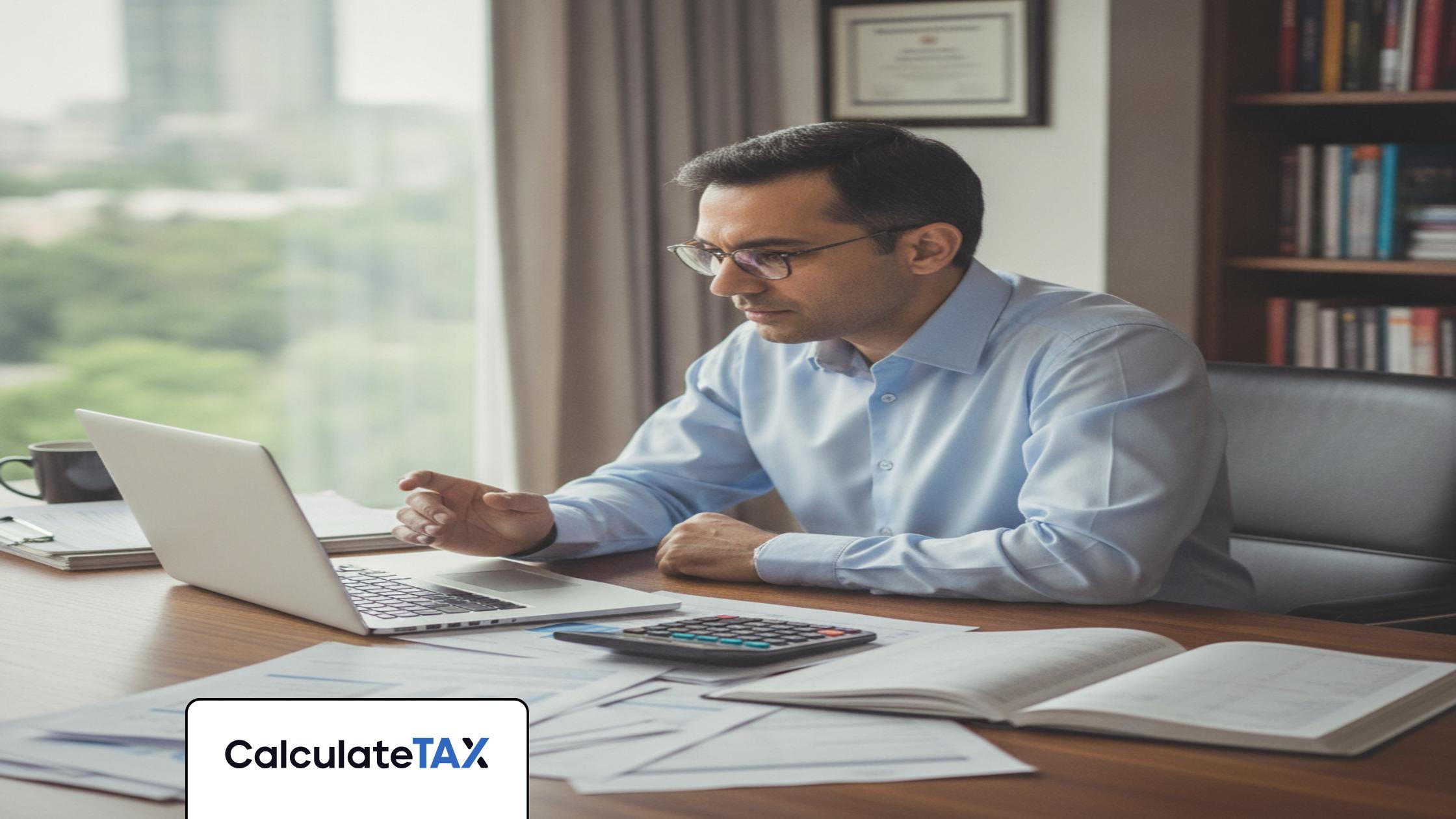 Pakistani professional calculating Advance Income Tax Pakistan on a laptop in a modern office.