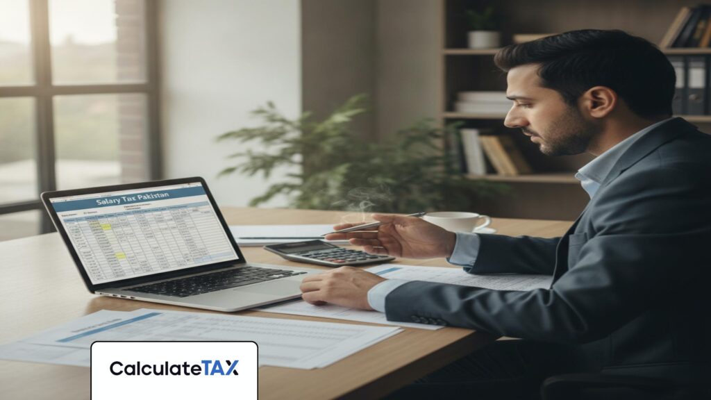 Pakistani professional reviewing Salary Tax Pakistan calculations on a laptop in a modern office.