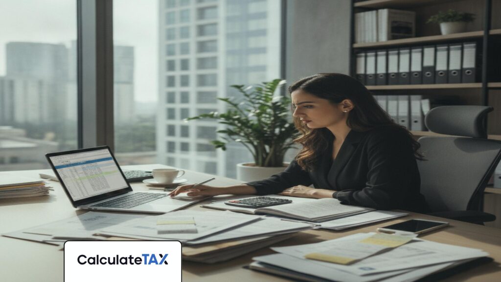 Pakistani professional calculating Advance Income Tax Pakistan on laptop in a modern office.
