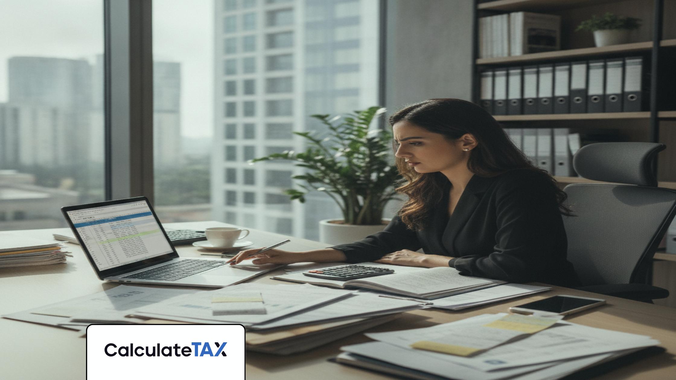Pakistani professional calculating Advance Income Tax Pakistan on laptop in a modern office.