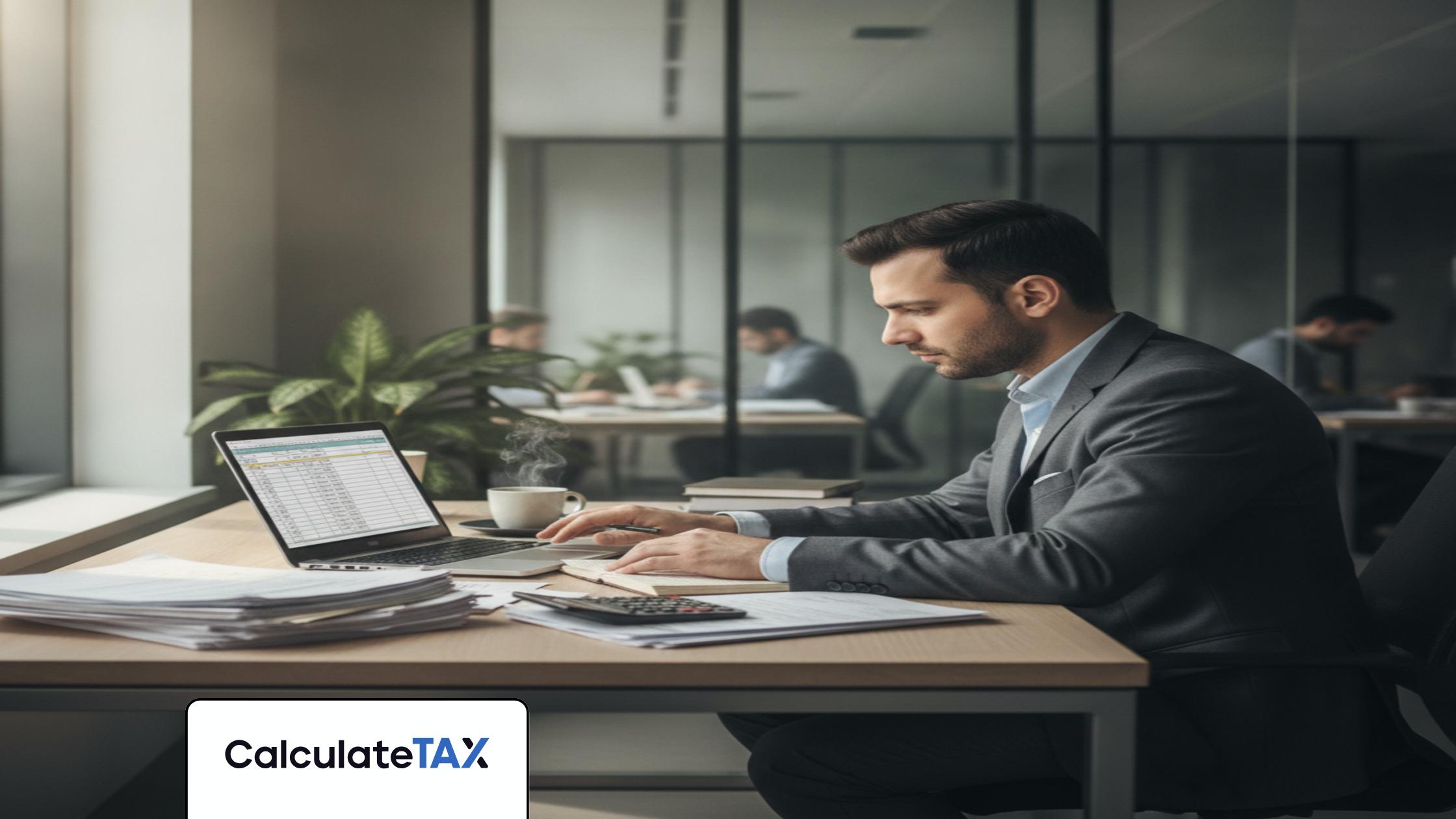 Pakistani professional using laptop to calculate income tax pakistan, modern office setting.
