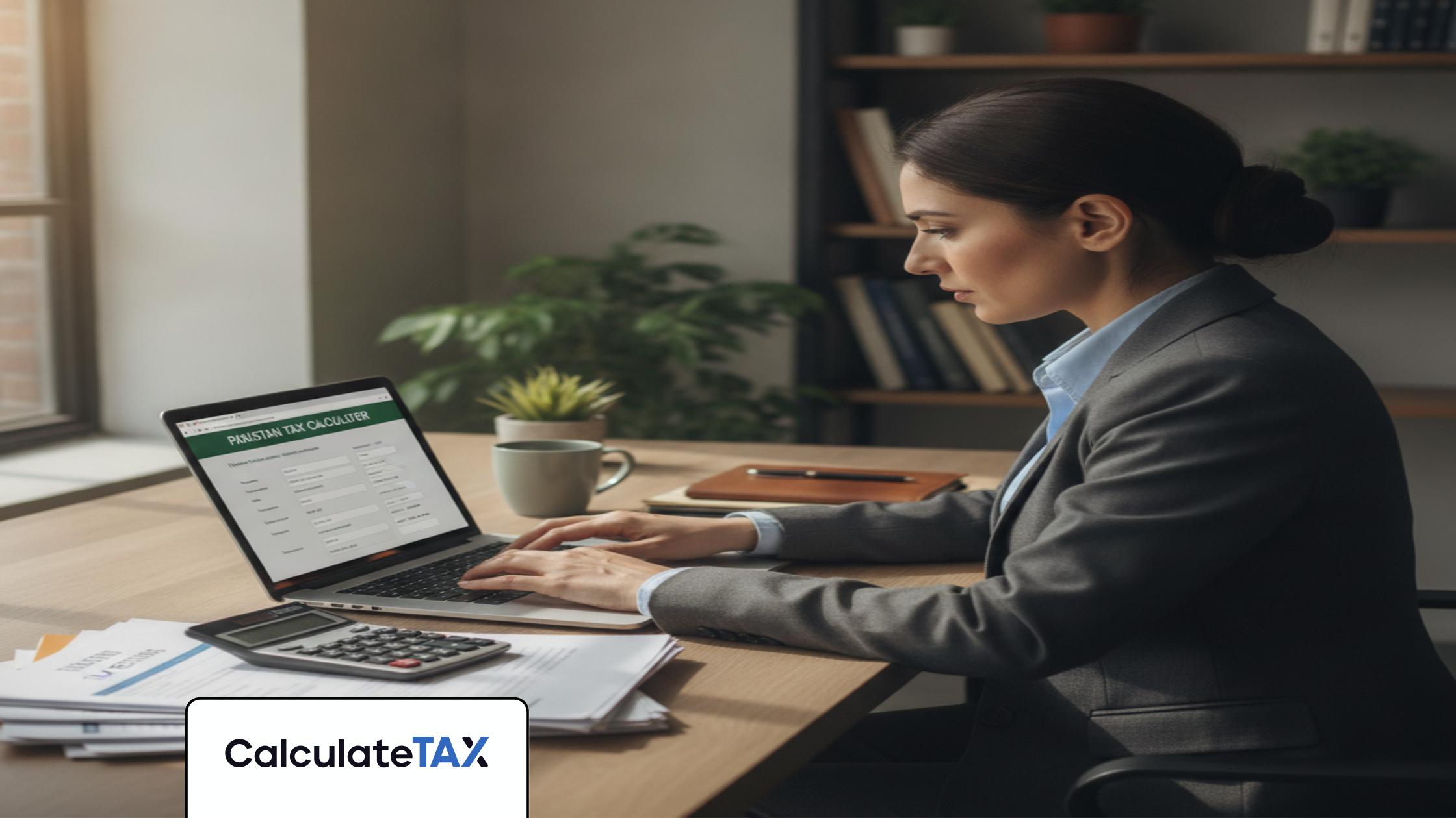 Pakistani professional using a digital Pakistan Tax Calculator on a laptop in a modern office.