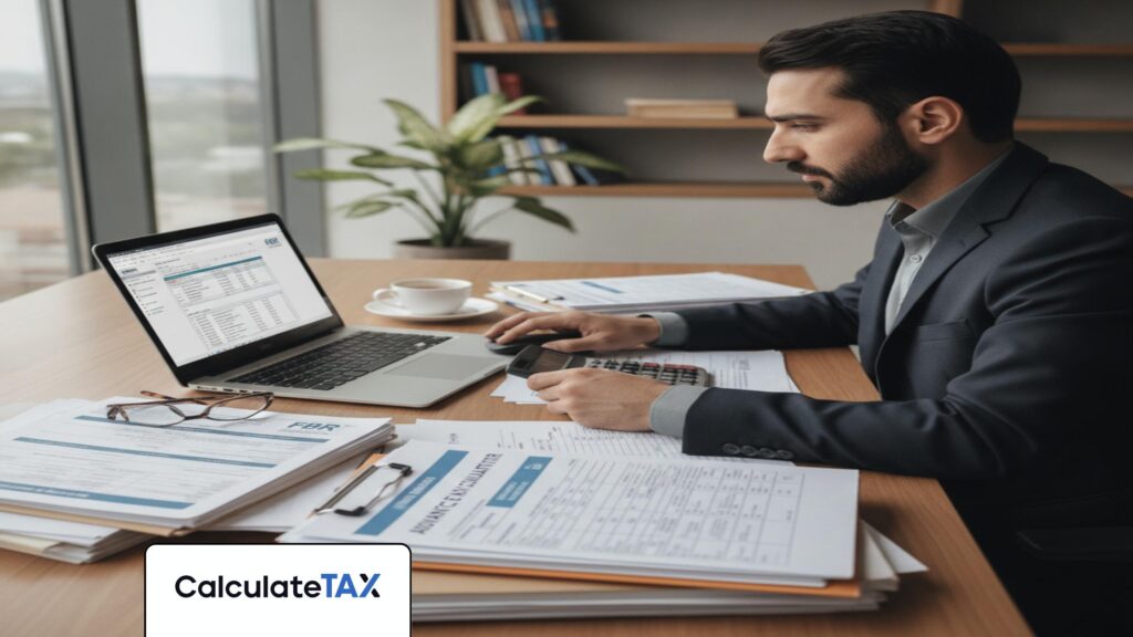 Pakistani professional calculating Advance Tax FBR on laptop at modern office desk.