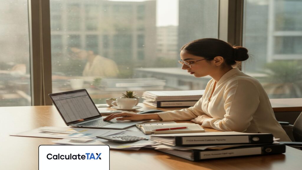 Pakistani professional calculating Advance Tax Pakistan on laptop, documents visible.